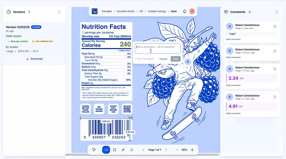 CoLabel comment history showing resolved and active comments with timestamps