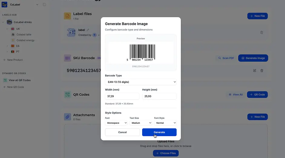 CoLabel barcode generator showing EAN-13 barcode preview with download options